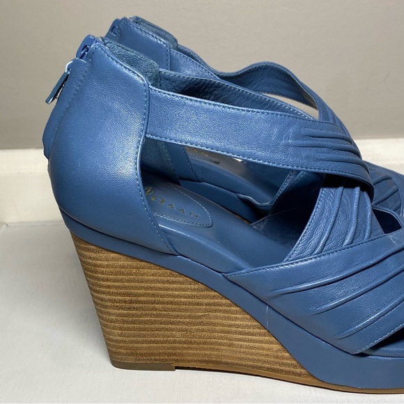 Cole Haan Wedge Sandals Women’s Size 8 B Dusty Blue Open Toe Shoes Zip Up Back - Picture 7 of 16